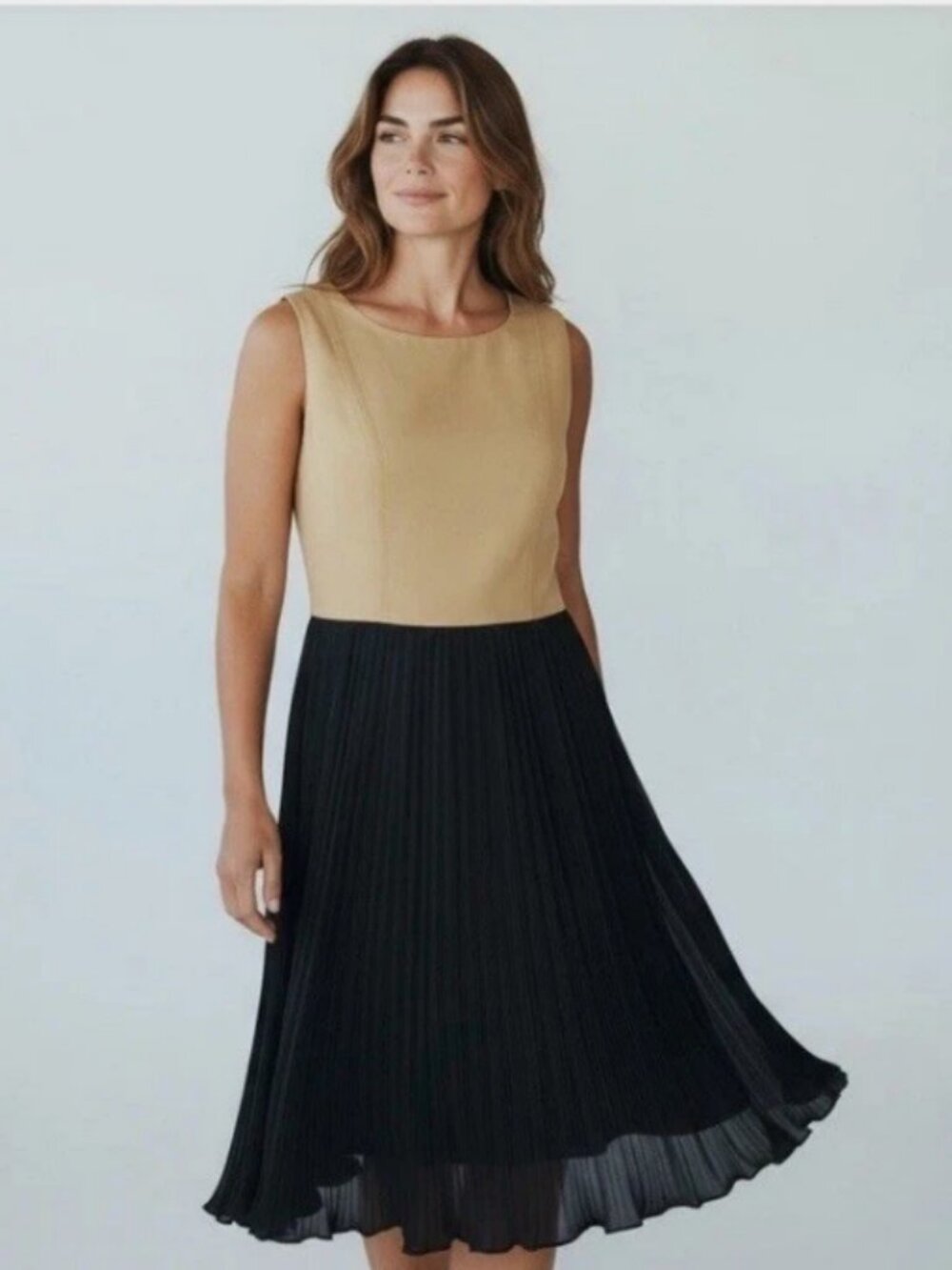 ## ✨ Calvin Klein Camel Tan & Black Pleated Colorblock Dress ✨